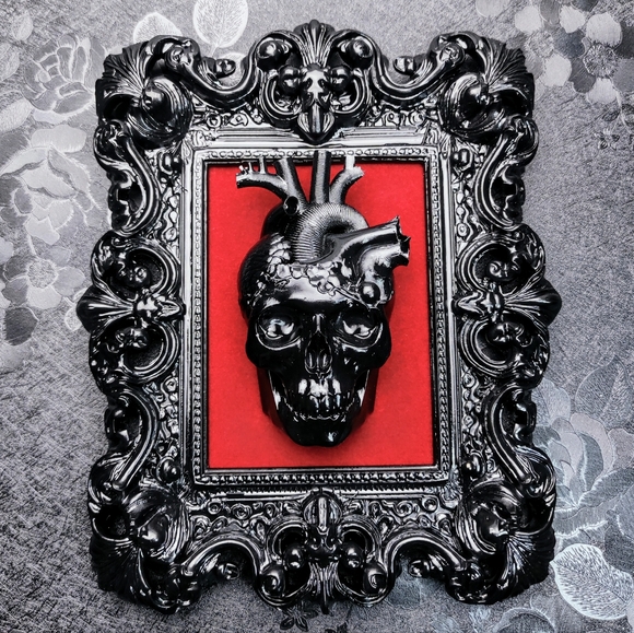 Skull Anatomical Heart Wall Hanging • Ornate Baroque Frame • Creepy Gothic Decor - Picture 1 of 8